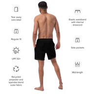 TSK Swim Trunks — back view on model with feature callouts