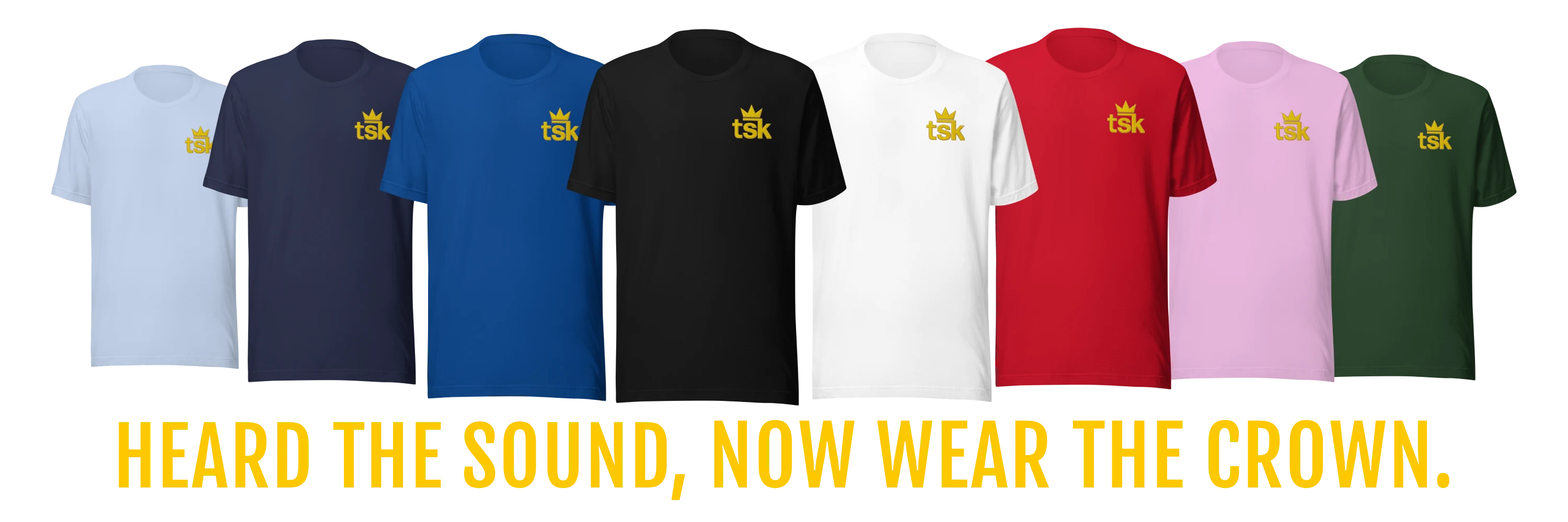 TSK Logo unisex t-shirts in eight colors: light blue, navy, royal blue, black, white, red, pink and forest green.