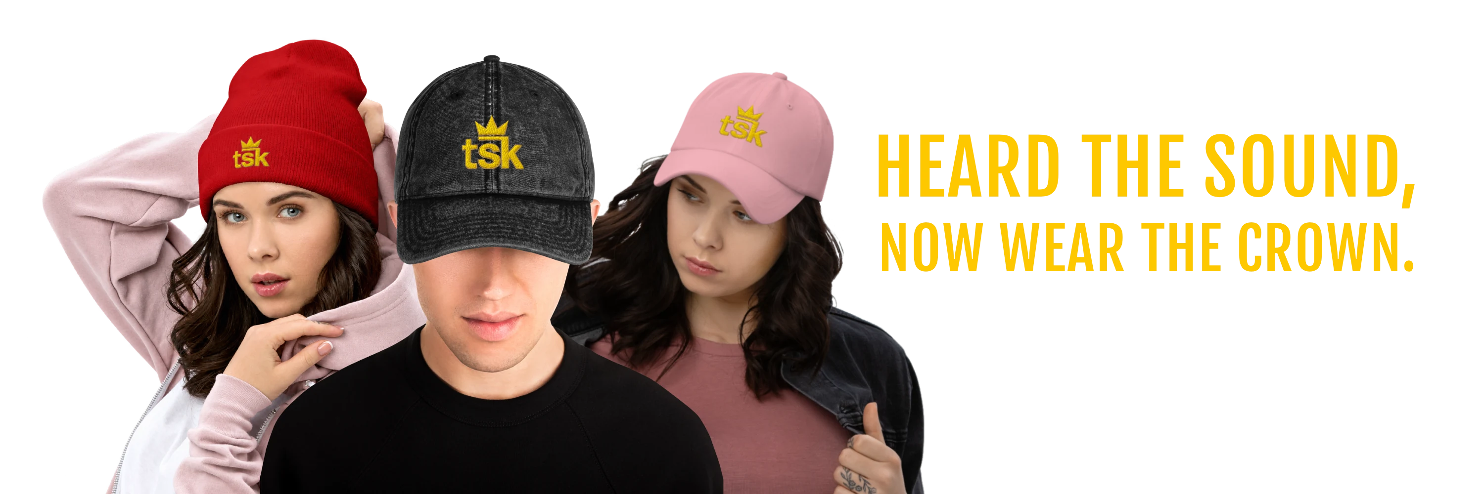 Models wearing a red beanie, a black vintage cotton twill cap and a pink cap, each with the gold TSK crown logo.