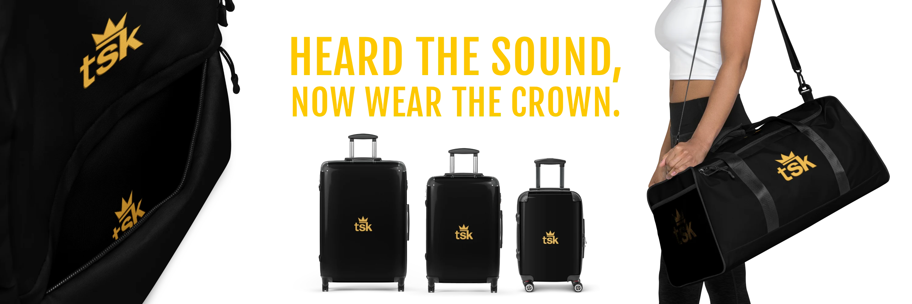 A close-up of a black zip pocket with the gold TSK logo, three black TSK suitcases, and a model carrying a black TSK duffle bag.